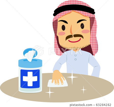 Illustration of an Arab man cleaning a table with a disinfecting wipe 63284282