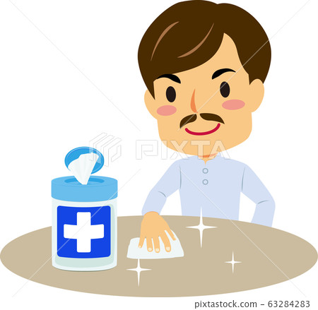 Illustration of an Asian Man Cleaning the Table with a Disinfecting Wipe 63284283