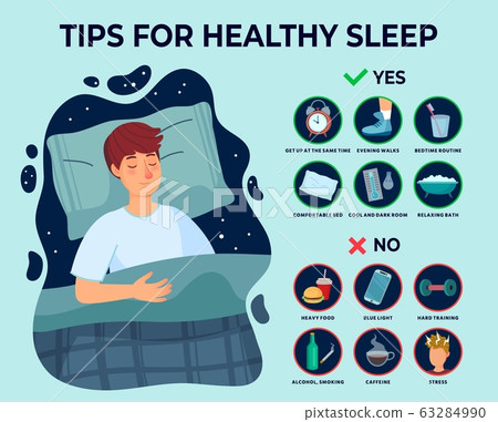 Healthy sleep tips infographics. Causes of insomnia, good sleep rules and man sleeps on pillow vector illustration Healthy sleep tips infographics. Causes of insomnia, good sleep rules and man sleeps on pillow vector illustration 63284990