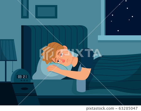 Man with insomnia. Sleep disorder, man lies in bed with his eyes open, male person cant sleep at night vector illustration Man with insomnia. Sleep disorder, man lies in bed with his eyes open, male person cant sleep at night vector illustration 63285047