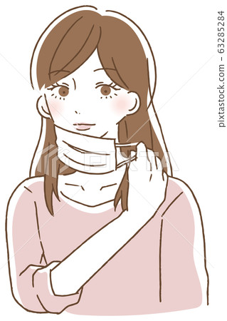 Woman holding a mask string and removing Woman holding a mask string and removing 63285284