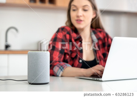 Woman talking to smart speaker. Smart home. Woman talking to smart speaker. Smart home. 63286123