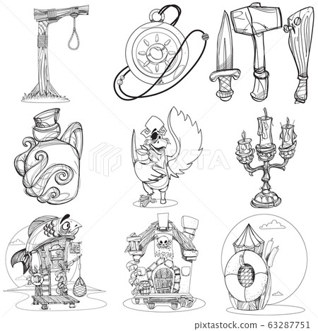 Set illustrations with pirate attributes. Various items Medieval Pirates. Cartoon drawing for gaming mobile applications. Illustration for coloring 63287751
