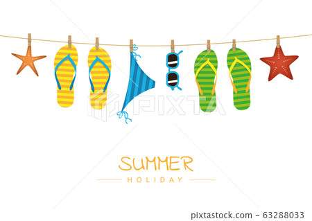 summer holiday striped flip flops bikini and sunglasses hang on a rope 63288033
