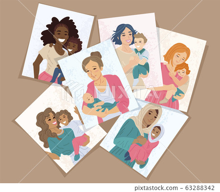Cards with diverse mothers holding their babies. Vector illustration 63288342