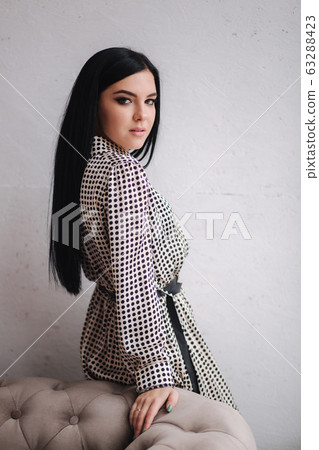 Attractive young model demonstrating clothes. Spring colections on elegant brunette woman. Beautiful grey spring dress 63288423