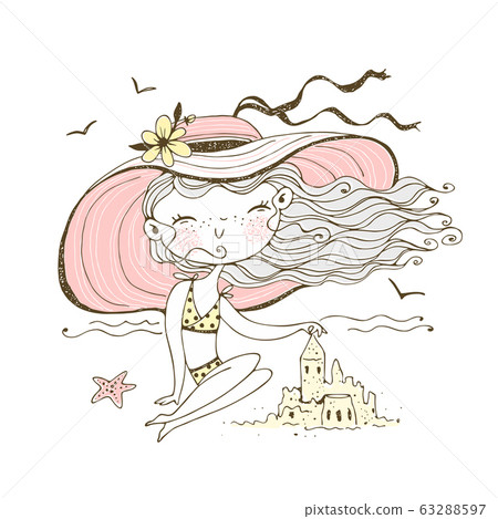 A cute girl in a hat on the beach is building a... - Stock Illustration ...