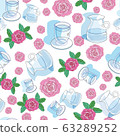 Rose Water Jug-Garden Tea Party, Seamless repeat pattern design. Fresh pattern background of delicate water Jugs, glass and roses in light blue pink,green and white. Perfect for fabric, Scrapbook,gift 63289252