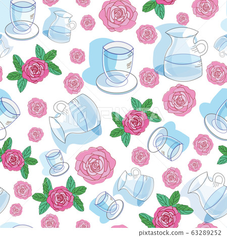 Rose Water Jug-Garden Tea Party, Seamless repeat pattern design. Fresh pattern background of delicate water Jugs, glass and roses in light blue pink,green and white. Perfect for fabric, Scrapbook,gift 63289252