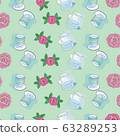 Water Jugs & Roses-Garden Tea Party, Seamless repeat pattern design. Fresh pattern background of delicate water Jugs, glass and roses in light blue,pink,green and white. Perfect for fabric, Scrapbook, 63289253