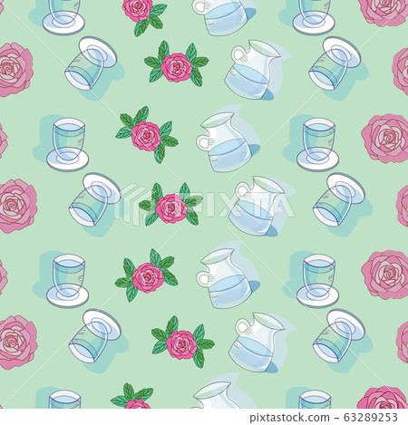 Water Jugs & Roses-Garden Tea Party, Seamless repeat pattern design. Fresh pattern background of delicate water Jugs, glass and roses in light blue,pink,green and white. Perfect for fabric, Scrapbook, 63289253
