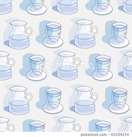 Water Jug and glass-Garden Tea Party, Seamless repeat pattern design. Fresh pattern background of delicate water Jug and glass in light blue and white. Perfect for fabric, Scrapbook,gift wrapping pape 63289254