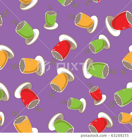 Colourful Cups-Garden Tea Party,Seamless Repeat Pattern design.Pattern background of colourful coffie cups in red, yellow and green on purple backgound. Perfect for fabric, Scrapbook,gift wrapping pap 63289255