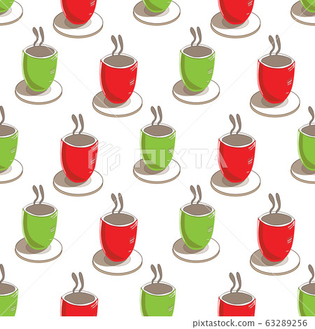 Coffee Cups-Garden Tea Party,Seamless Repeat Pattern. Pattern background. Surface pattern design of coffie cups in red green and white. Perfect for fabric, Scrapbook,gift wrapping paper. 63289256