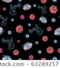 Evening Tea- Garden Tea Party seamless repeat pattern. Evening tea cups, birds and flower shapes pattern background. Surface pattern design in pink blue ,orange,yellow and black. Perfect for Fabric, S 63289257