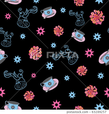Evening Tea- Garden Tea Party seamless repeat pattern. Evening tea cups, birds and flower shapes pattern background. Surface pattern design in pink blue ,orange,yellow and black. Perfect for Fabric, S 63289257