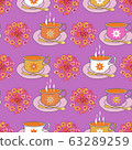 Festive Tea Cups- Garden Tea Party seamless repeat pattern. Festive tea cups and lantana flowers pattern background. Surface pattern design in purple,pink,yellow,orange and white. Perfect for Fabric,  63289259
