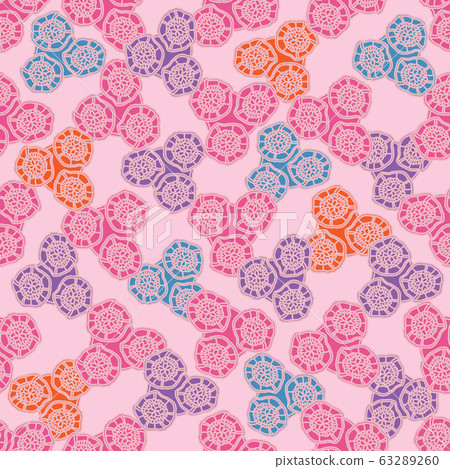 Lace Decor-Flowers in Bloom,Seamless Repeat Pattern. Colourful lace shapes Pattern Background. Surface Repeat Pattern Design in pink, purple blue and white . Perfect for Fabric, Scrap book, 63289260
