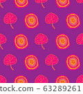 Colourful Blast-Flowers in Bloom seamless repeat pattern. Vibrant flowers and leaves Pattern Background in pink, orange,and purple . Surface pattern design. Perfect for Fabric, Scrapbook 63289261