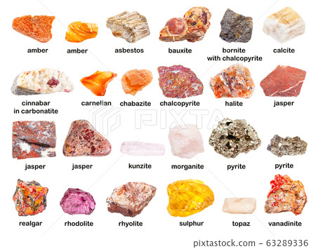 set of various unpolished red stones with names 63289336