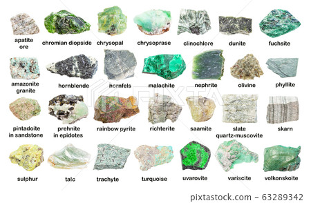 set of various green unpolished stones with names 63289342