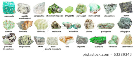 set of various green unpolished minerals with name 63289343