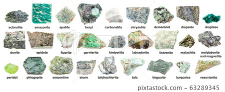 set of various green rough stones with names 63289345