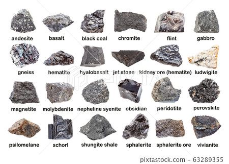 set of various dark unpolished rocks with names set of various dark unpolished rocks with names 63289355
