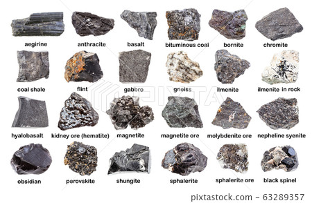 set of various dark unpolished stones isolated on set of various dark unpolished stones isolated on 63289357