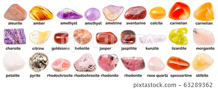 various gemstones with names isolated on white various gemstones with names isolated on white 63289362