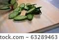 Cut the cucumber. Cypress cutting board. 63289463