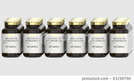 Medicine bottles with generic advanced antioxidant tablets and fictional logo. Pharmaceutical industrial production related 3D rendering Medicine bottles with generic advanced antioxidant tablets and fictional logo. Pharmaceutical industrial production related 3D rendering 63290790
