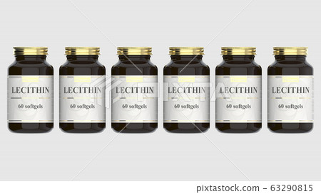 Bottles with generic lecithin softgels and fictional logo. Pharmaceutical industrial production related 3D rendering 63290815