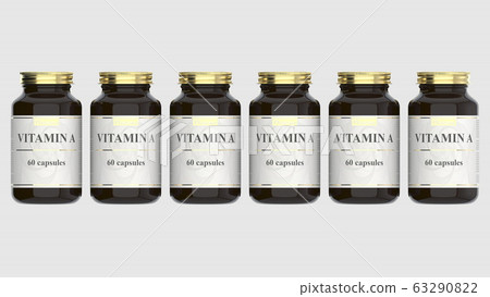 Glass bottles with generic vitamin A capsules and fictional logo. Pharmaceutical industrial production related 3D rendering Glass bottles with generic vitamin A capsules and fictional logo. Pharmaceutical industrial production related 3D rendering 63290822