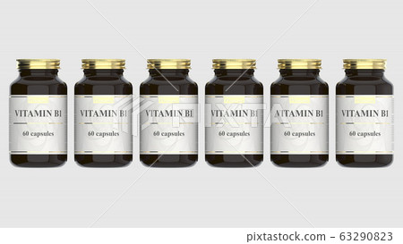 Medicine glass bottles with generic vitamin B1 capsules and fictional logo. Pharmaceutical industrial production related 3D rendering 63290823