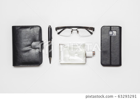 Flat lay top view gentlemen's accessories on white Flat lay top view gentlemen's accessories on white 63293291
