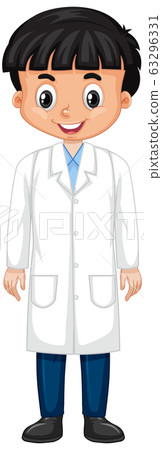 Happy boy in science gown standing on white 63296331
