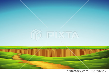 Background scene with green field and blue sky 63296347