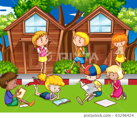Scene with many children reading and playing in 63296424