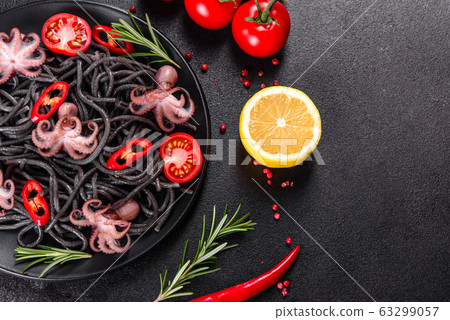 Black seafood pasta with shrimp and octopus Black seafood pasta with shrimp and octopus 63299057