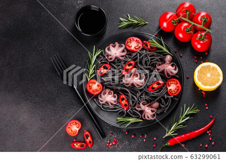 Black seafood pasta with shrimp and octopus Black seafood pasta with shrimp and octopus 63299061