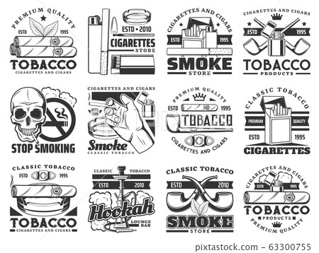 Cigarette pack, cigar, pipe, tobacco leaf icons 63300755
