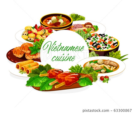 Vietnamese cuisine vegetables, rice, fish and meat Vietnamese cuisine vegetables, rice, fish and meat 63300867