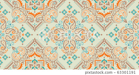 Rectangular seamless Bandana Print vector design for rug, carpet, tapis, shawl, towel, textile, yoga mat. Neck scarf or kerchief pattern design. Traditional ornamental ethnic pattern with paisley. 63301191