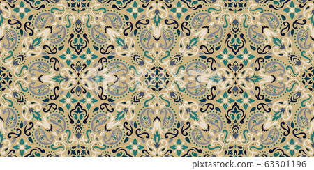 Rectangular seamless Bandana Print vector design for rug, carpet, tapis, shawl, towel, textile, yoga mat. Neck scarf or kerchief pattern design. Traditional ornamental ethnic pattern with paisley. 63301196