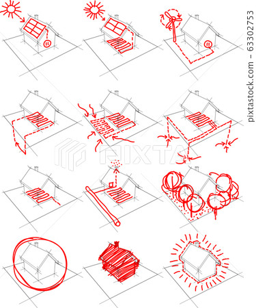 collection of 12 diagrams of a simple detached house showing possibilities of alternative energy solutions such as photovoltaic panels, wind turbines and heat pump collection of 12 diagrams of a simple detached house showing possibilities of alternative energy solutions such as photovoltaic panels, wind turbines and heat pump 63302753