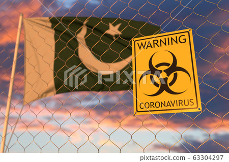 Coronavirus biohazard sign with flag of Pakistan as a background at sunset. Pakistani restricted entry or quarantine. Conceptual 3D rendering 63304297