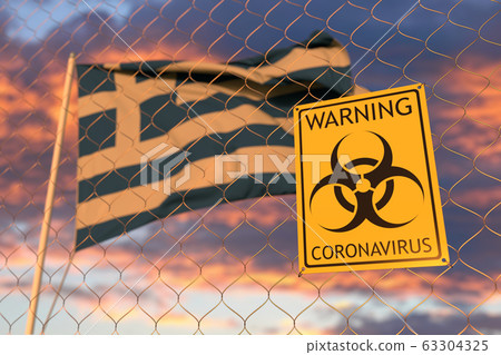 Coronavirus warning sign on the fence on the Greek flag background at sunset. Restricted entry or quarantine in Greece. Conceptual 3D rendering Coronavirus warning sign on the fence on the Greek flag background at sunset. Restricted entry or quarantine in Greece. Conceptual 3D rendering 63304325
