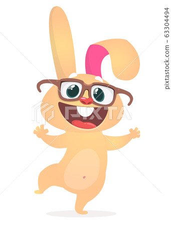 Happy cartoon rabbit with eyesglasses hopping. Vector illustration of smart bunny Happy cartoon rabbit with eyesglasses hopping. Vector illustration of smart bunny 63304494