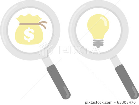 Dollar bag and magnifying glass with flash icon 63305476
